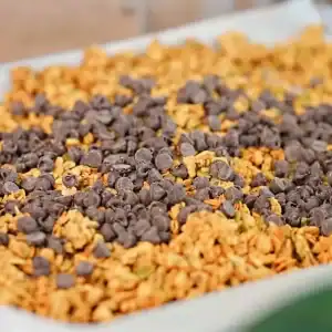 Freshly made homemade granola with chocolate chips, peanut butter and maple syrup
