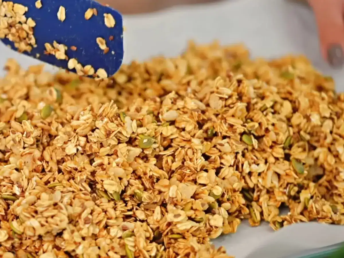 Easy homemade Chocolate Chip peanut butter Granola for chia pudding yogurt bowls 