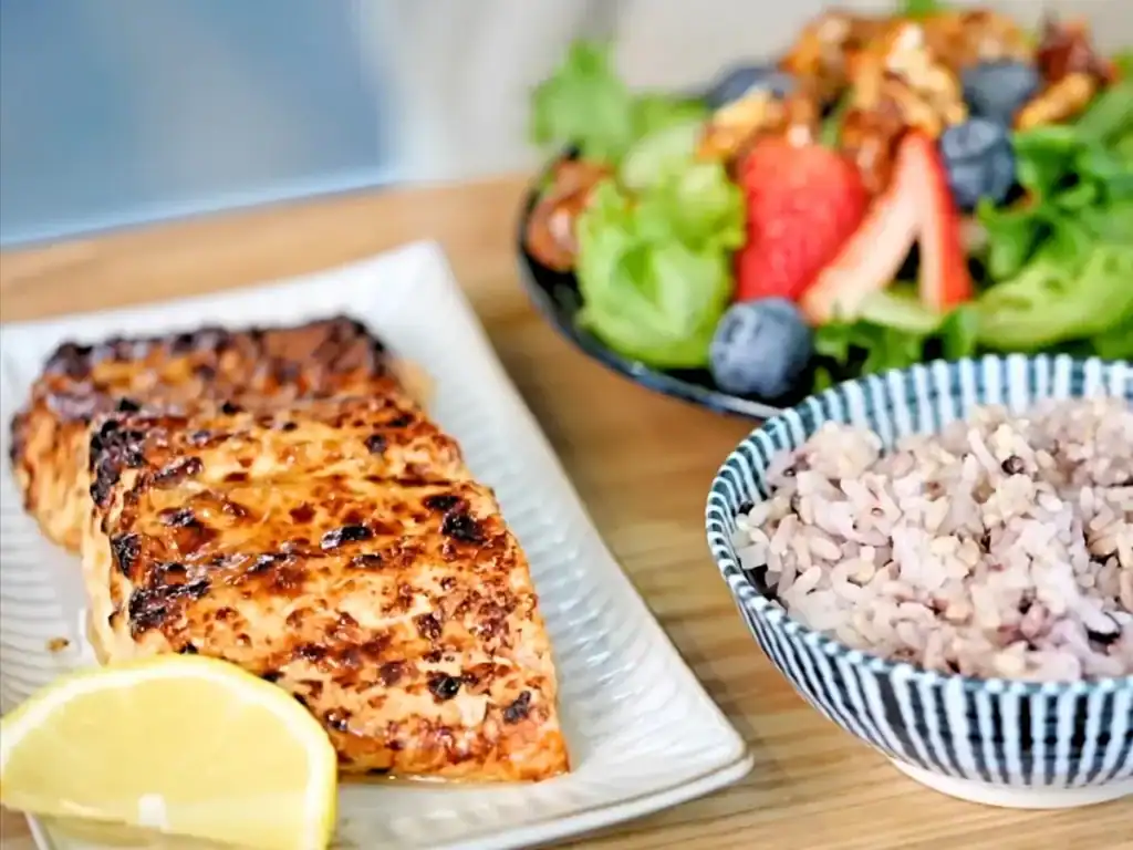Air Fryer Miso Salmon with salad, rice, and miso soup, my favorite brunch For my birthday