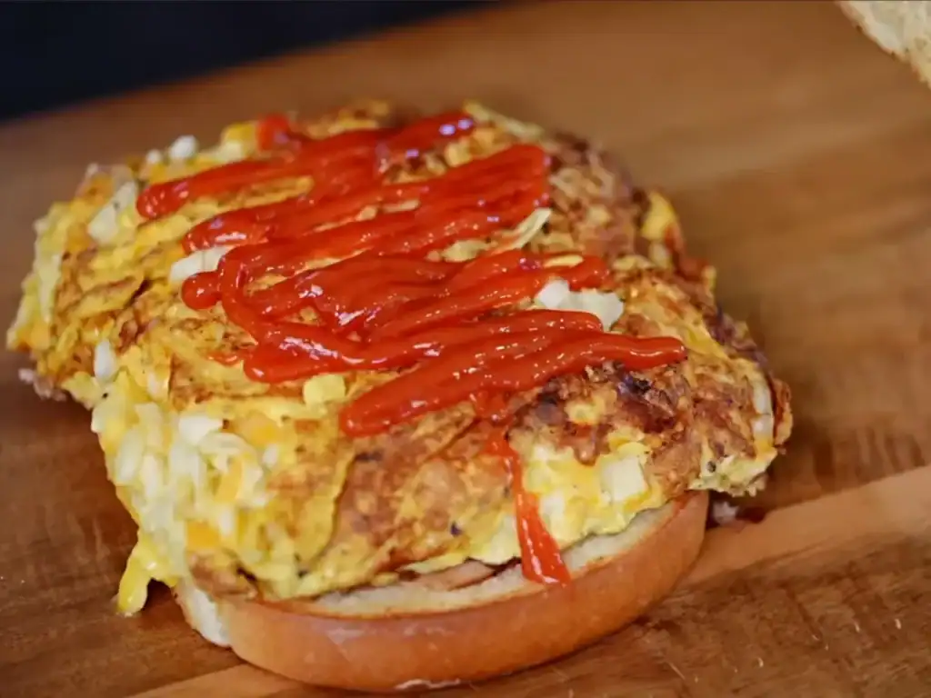 Adding Ketchup On Top of Cheesy Cabbage Omelette for Korean Cabbage Toast