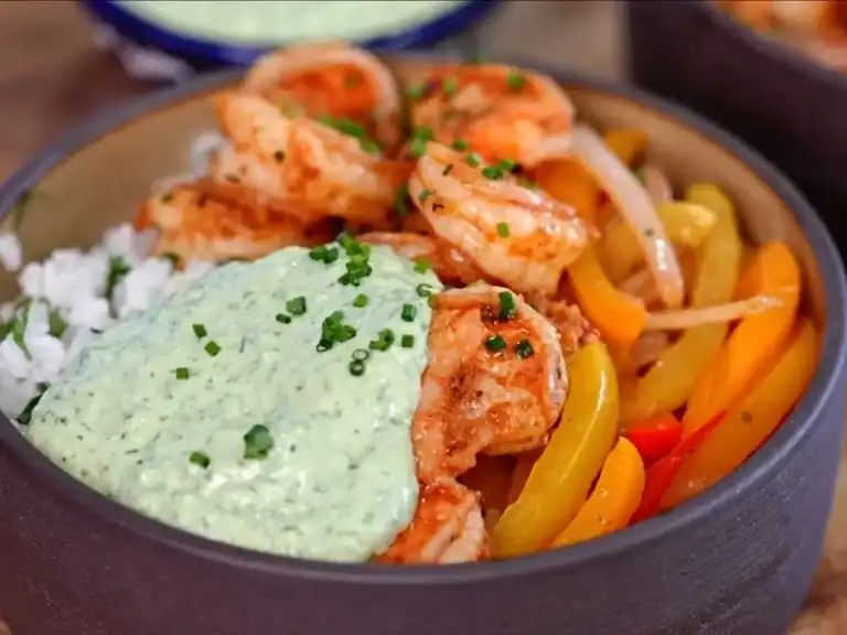 Healthy Shrimp Rice Bowl with Creamy Herb Sauce