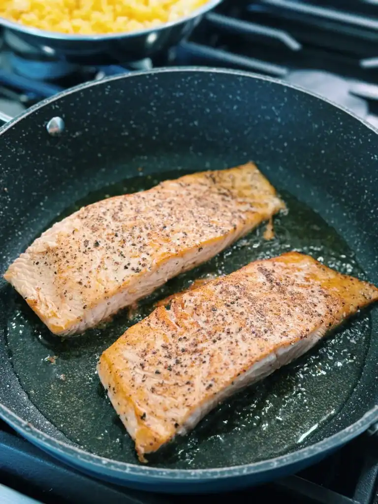 Pan Frying 2 Salmon Filets for dishes like Golden Salmon Fried Rice