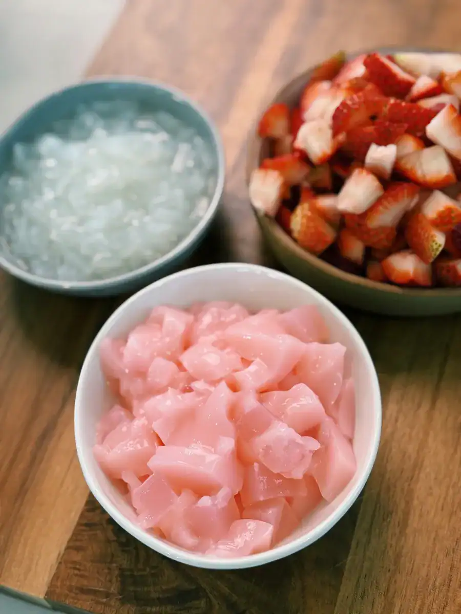 Strawberry and coconut jelly added into Strawberry Sago with Coconut Milk 