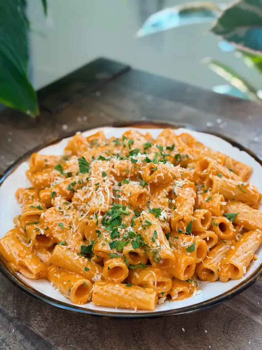Angled view of Chili Oil Vodka Pasta made with kai dong Mama’s Chili Oil