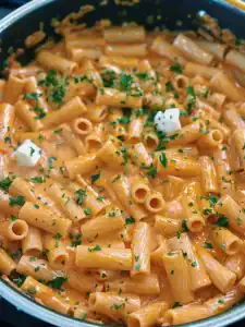 Stirring cream and Parmesan cheese into creamy Chili Oil Vodka Pasta
