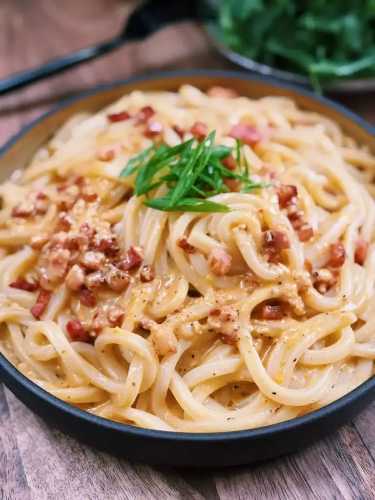 Creamy Japanese Inspired Miso Carbonara served with green onions