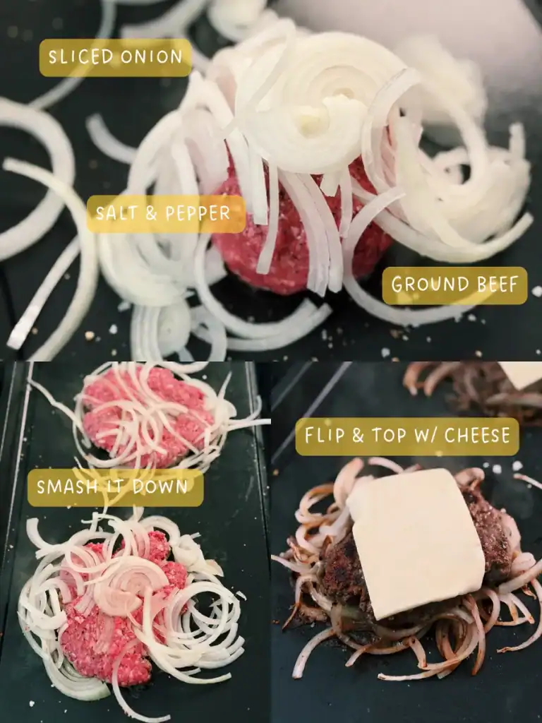How to turn sliced onion and balls of seasoned ground beef into smash burger patties layered with cheese.