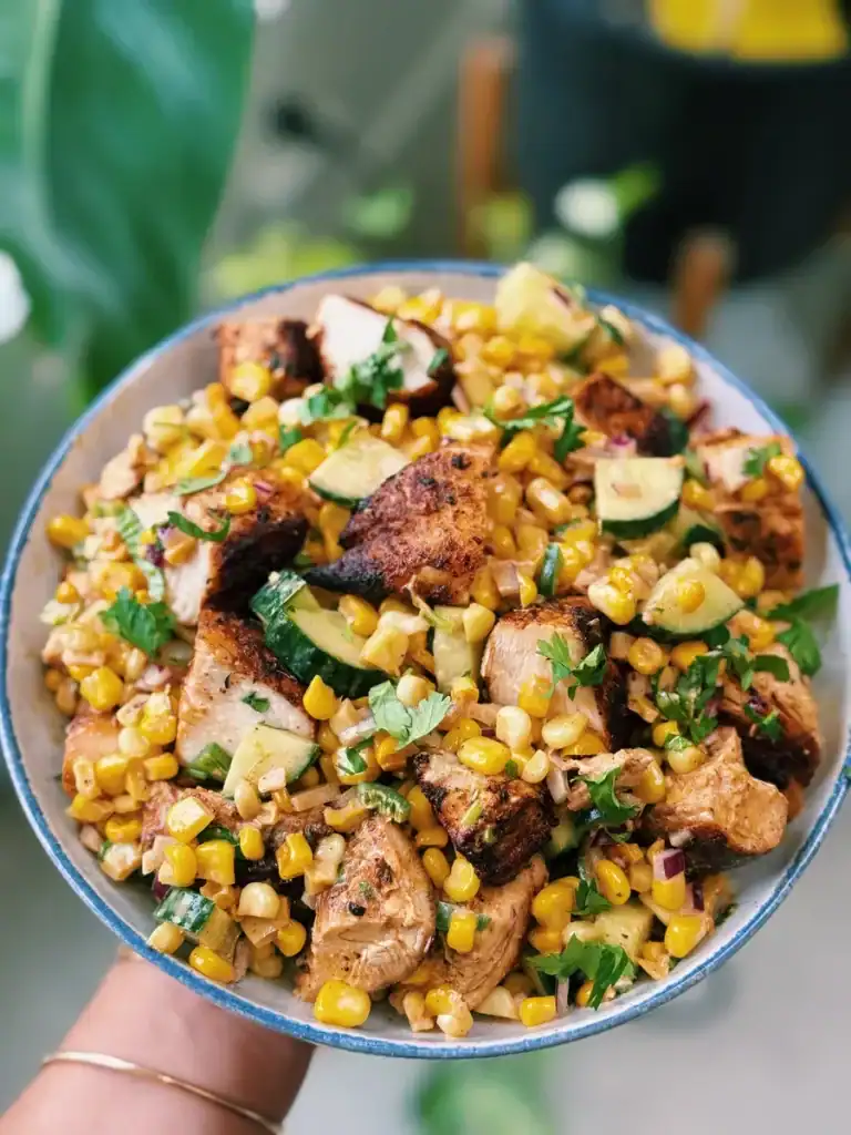 Creamy Corn Chicken Salad served with dressing separately for meal prepping