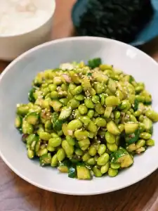 A plate of yuzu edamame chopped salad with yuzu sesame dressing