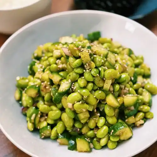 A plate of yuzu edamame chopped salad with yuzu sesame dressing