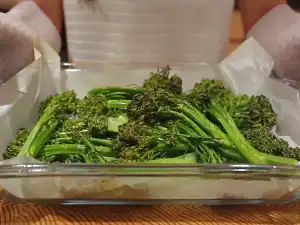 Freshly roasted broccolini for Lemon Parmesan Broccolini, a easy side dish