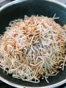 Adding bean sprouts, noodles, and sauce to Spicy Thai Basil Chicken Noodle Stir Fry