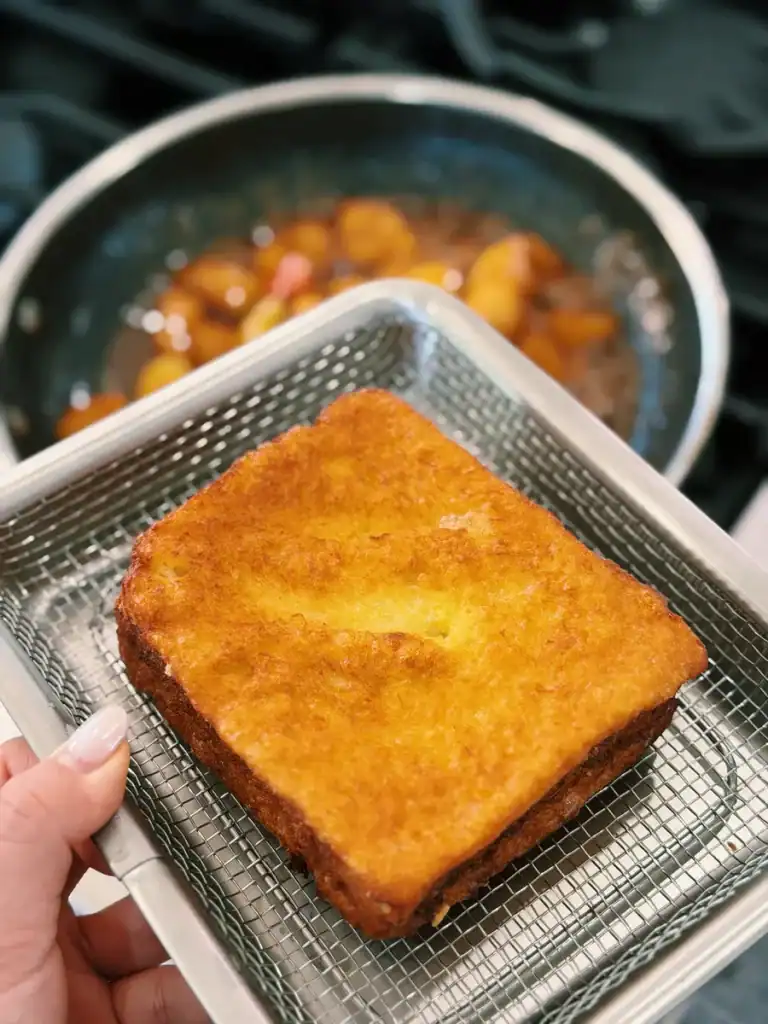 Freshly fried Hong Kong French Toast ready to be drizzled with cinnamon apple sauce for Cinnamon Apple French Toast