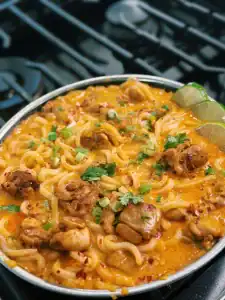 Coconut Curry Chicken Udon in a nonstick pan served with lemon slices and cilantro