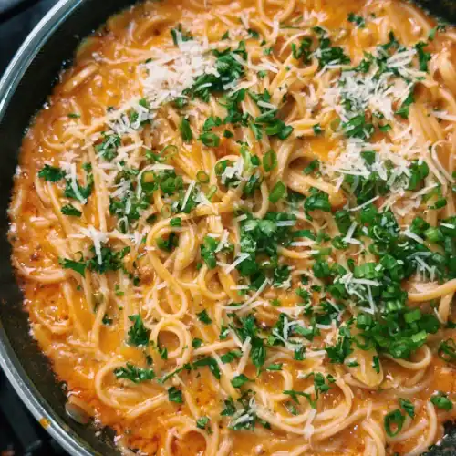 Creamy Cheesy Chili Butter Pasta garnished with extra shredded Parmesan cheese and chopped scallions in a nonstick pan