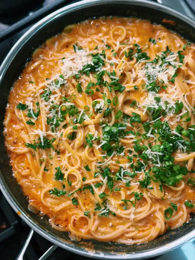 Creamy Cheesy Chili Butter Pasta garnished with extra shredded Parmesan cheese and chopped scallions in a nonstick pan