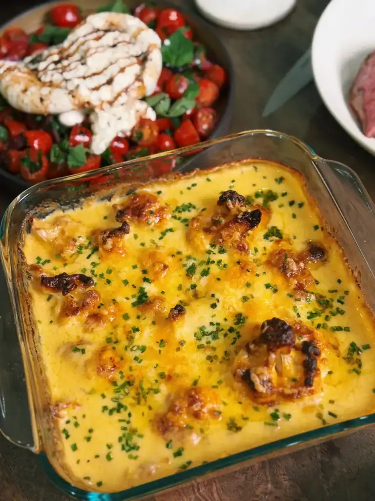 Cheesy Baked Cauliflower, part of a spread for hosting and holiday meals