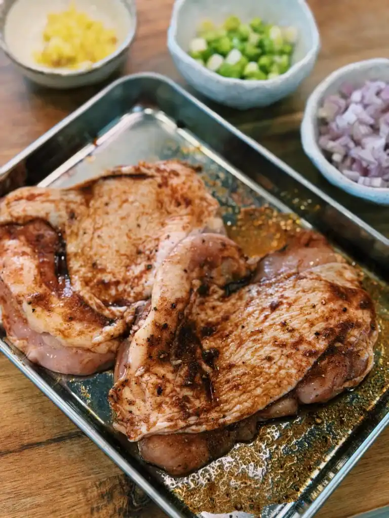 Marinated boneless chicken thighs for Chicken Miso Ramen
