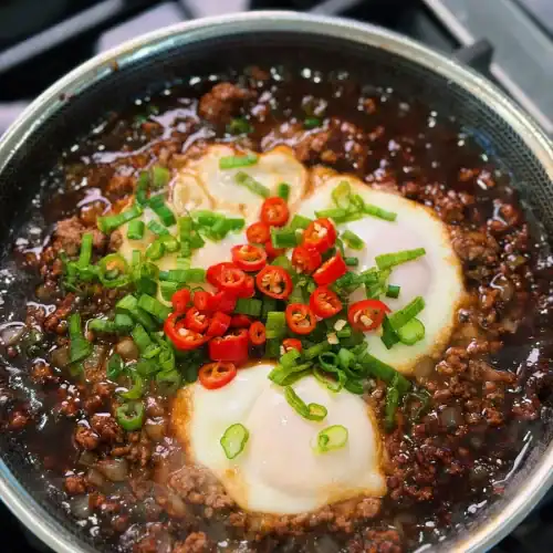 3 Eggs simmering in a sauce of ground beef in a pan for Minced Beef and Egg rice