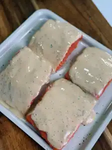 Salmon Filet Covered with Miso Mayo for Miso Salmon Brothy Rice