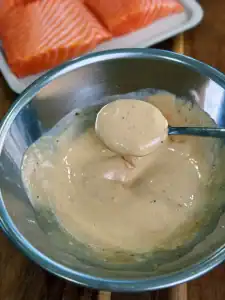 A spoonful closeup of Miso Mayo for Miso Salmon Brothy Rice