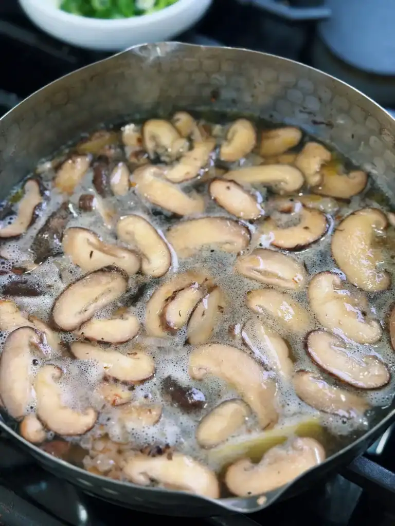 Making Miso Mushroom Broth for Miso Salmon Brothy Rice