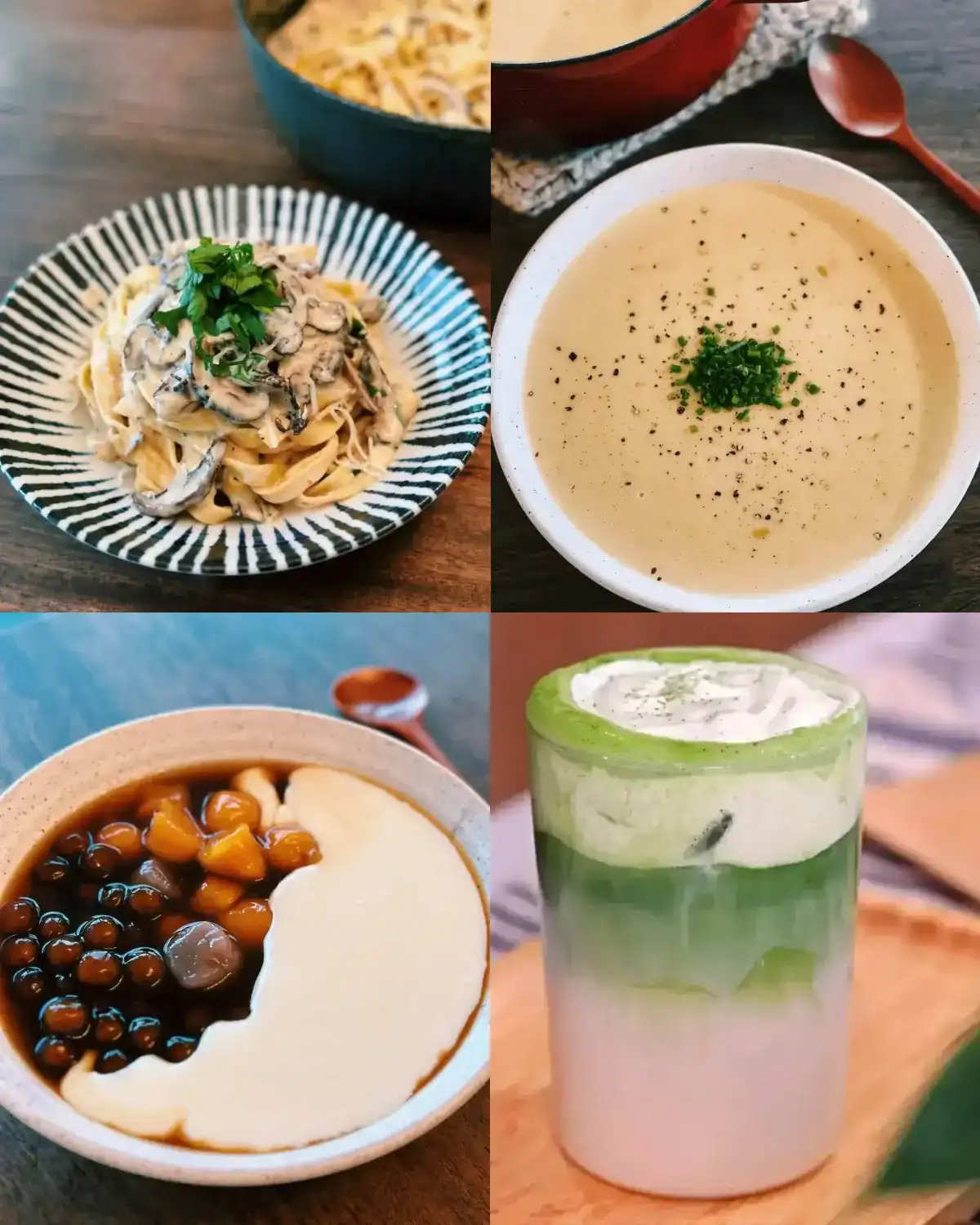 Various recipes made with milk, including corn soup, creamy miso mushroom pasta, milk mochi, and matcha latte