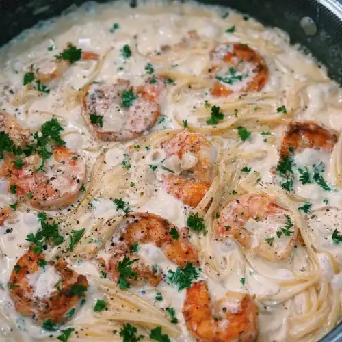 A pan full of Creamy Shrimp Alfredo Pasta