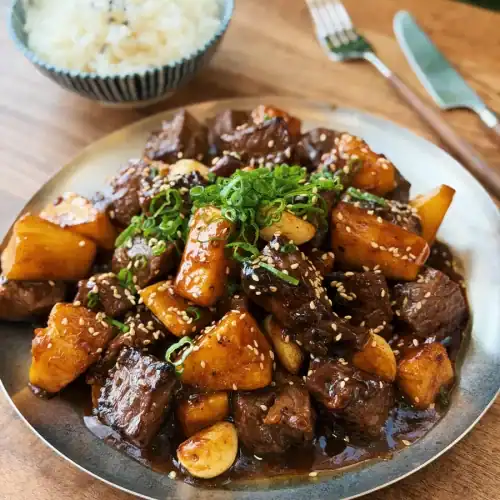 A plate of Pineapple Garlic Steak Bites served with rice