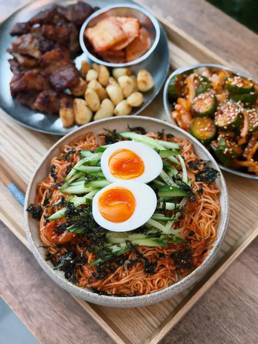 Spicy Korean Kimchi Cold Noodle with jammy egg as part of a full Korean Summer Cold noodle Meal with pork belly and spicy cucumber