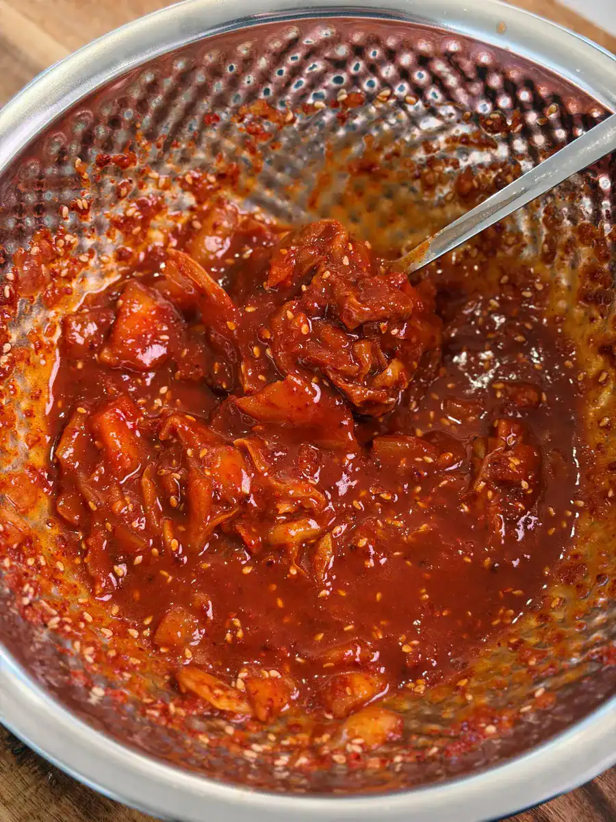 Summer Korean Spicy Kimchi Cold Noodle Sauce with chopped kimchi 