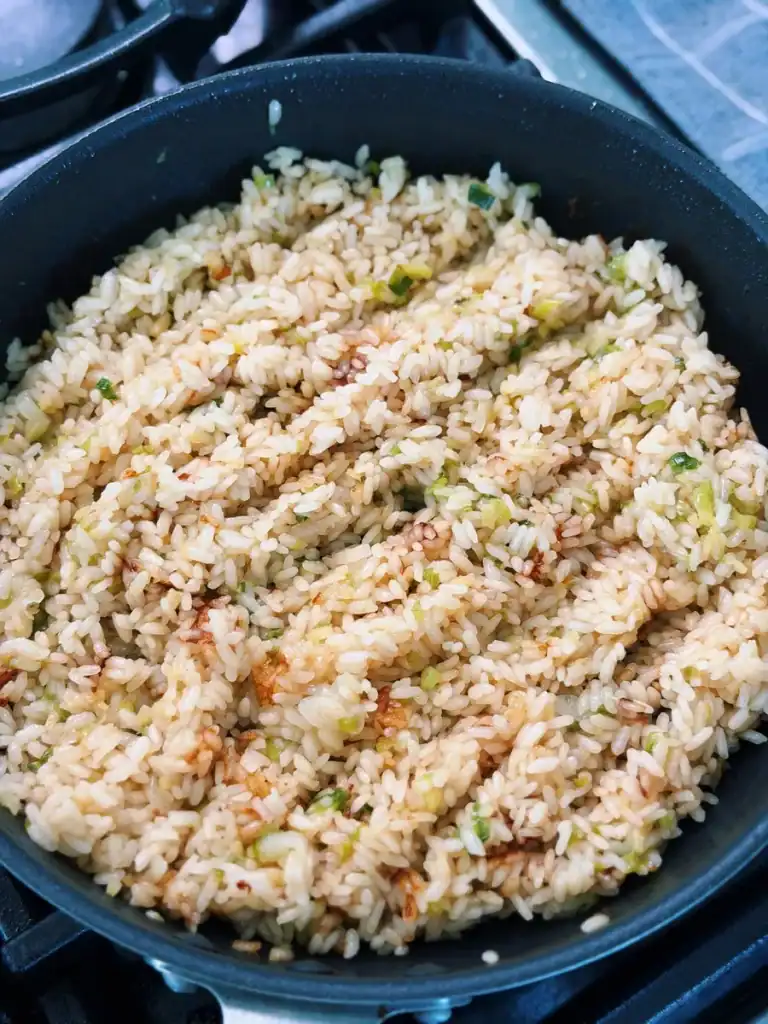 Scallion Ginger Rice with Chicken Fat and Broth from Crispy Chicken with Ginger Scallion Rice