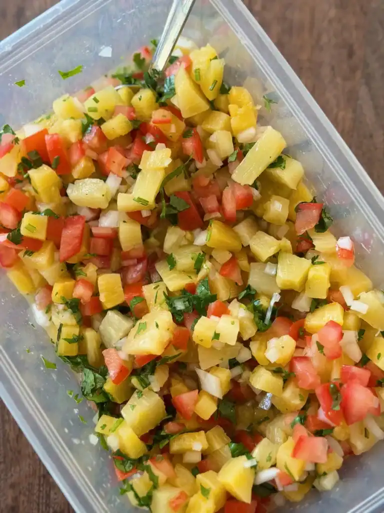 Top view of a container for fresh pineapple salsa or pineapple pico de gallo