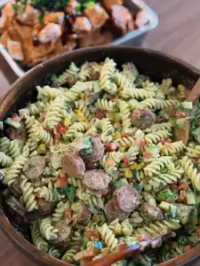 Southwest Creamy Cilantro Loaded Chicken Pasta Salad served in a big salad bowl