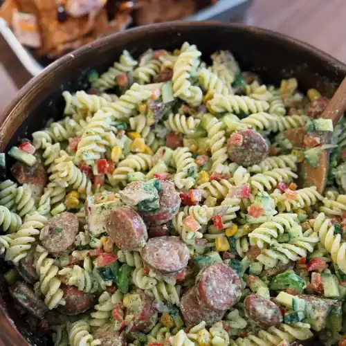 Southwest Creamy Cilantro Loaded Chicken Pasta Salad served in a big salad bowl