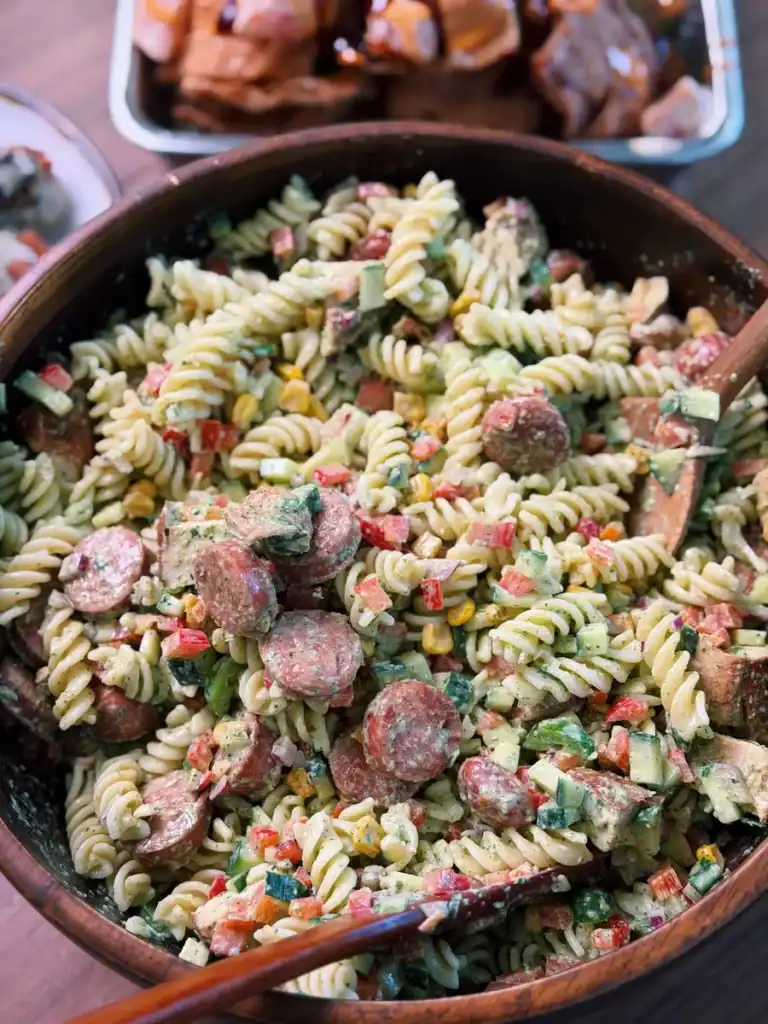 A big bowl of Southwestern Creamy Cilantro Loaded Chicken Pasta with roasted corn, chunks of chicken breast, sausages, various vegetables, and pasta