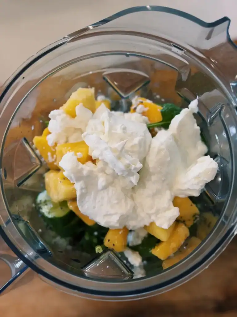 Ingredients for healthy breakfast green smoothie in blender