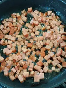 Pan Frying tiny spam bites for Mini Spam Rice Balls