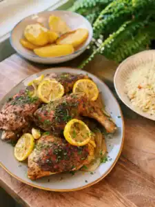 Serving Oven Roasted Chicken Legs with Roasted Lemon Slices
