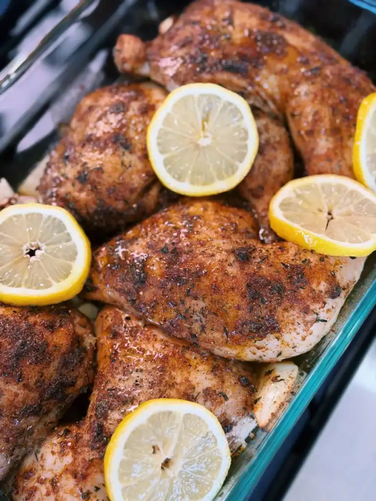 Adding fresh lemon slices for the 2nd roast of Oven Roasted Chicken Legs