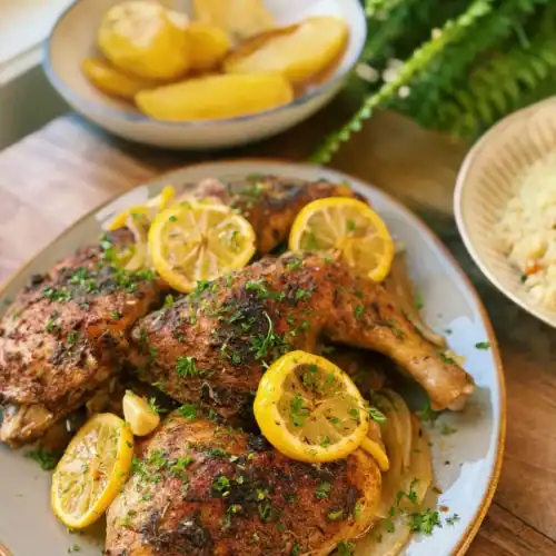 Oven Roasted Chicken Leg plated and garnished with grilled lemon slices