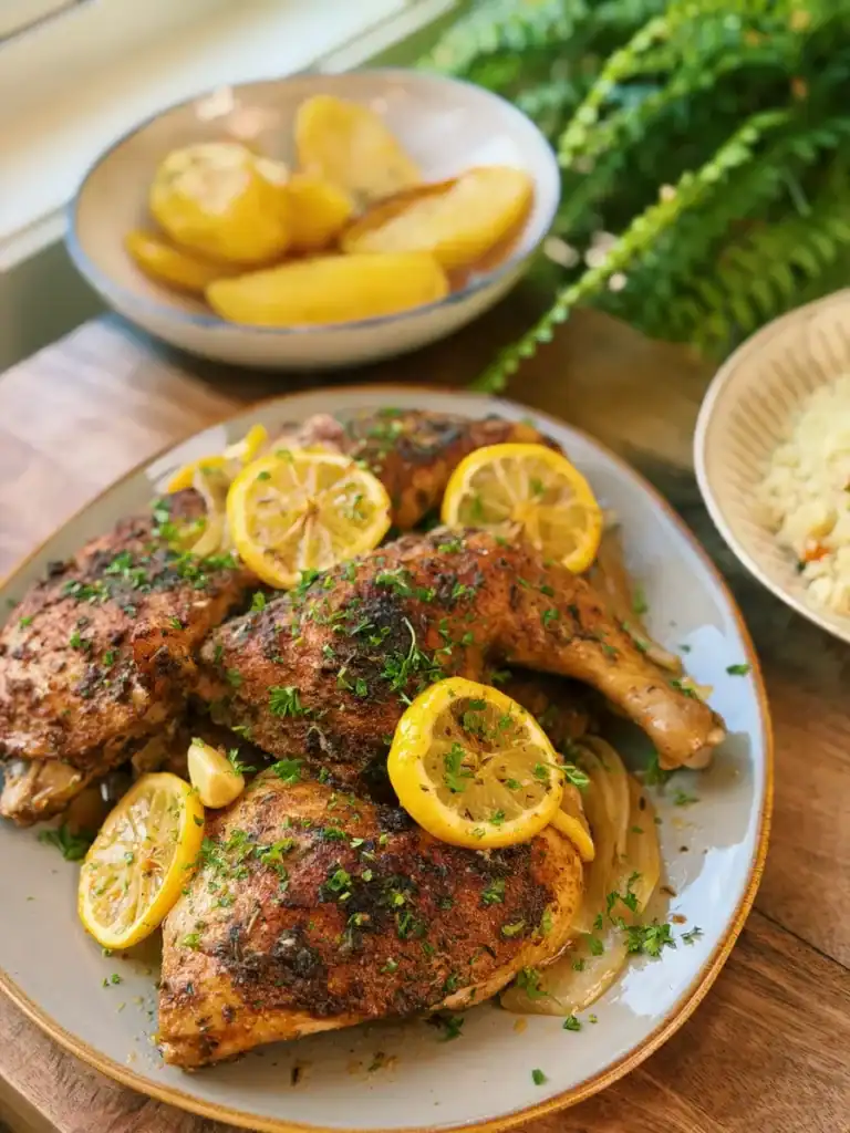 Oven Roasted Chicken Leg plated and garnished with grilled lemon slices