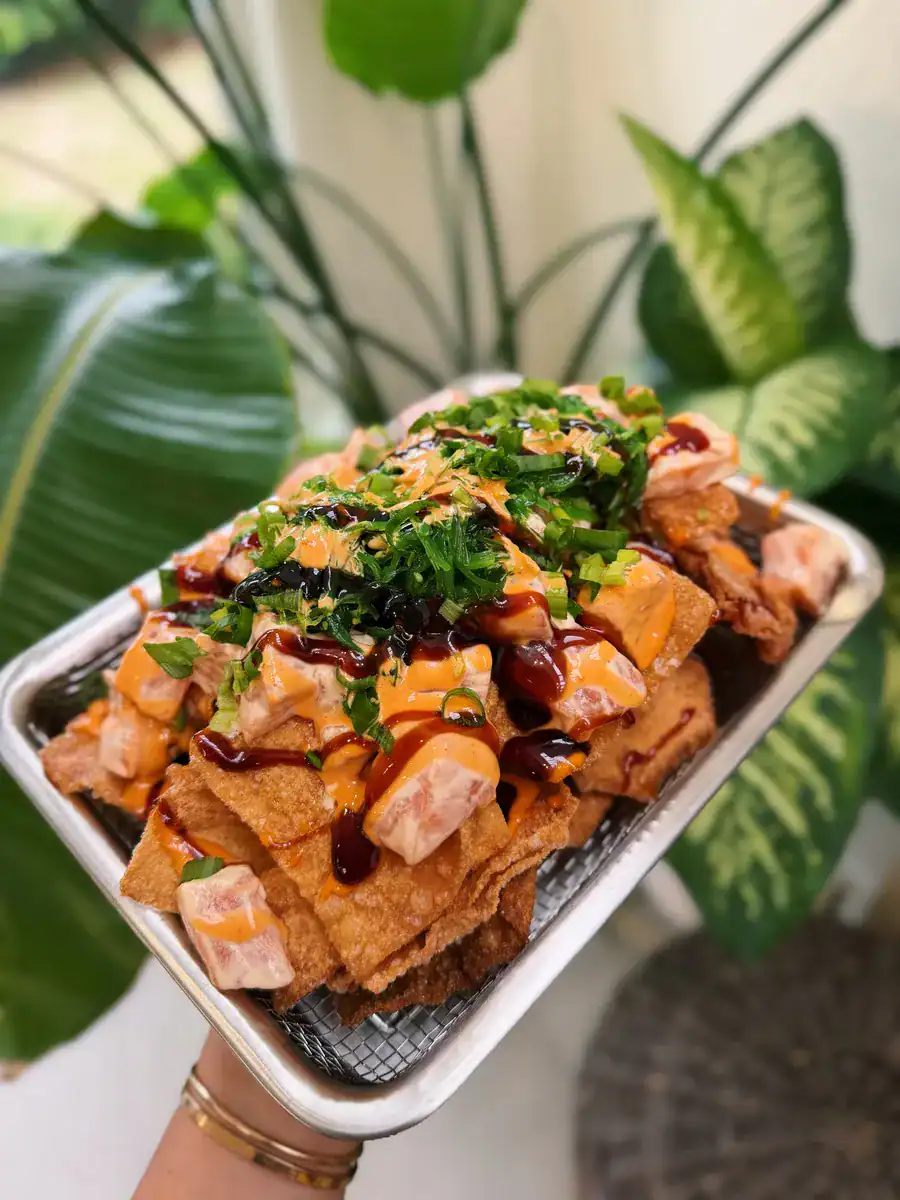 Salmon Poke Wonton Nachos for NFL Draft Day Party