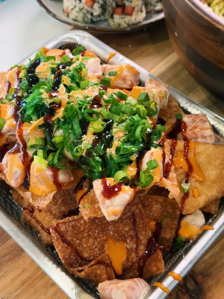 Salmon Poke Wonton Nacho Plate as finger food for NFL Draft Day Party